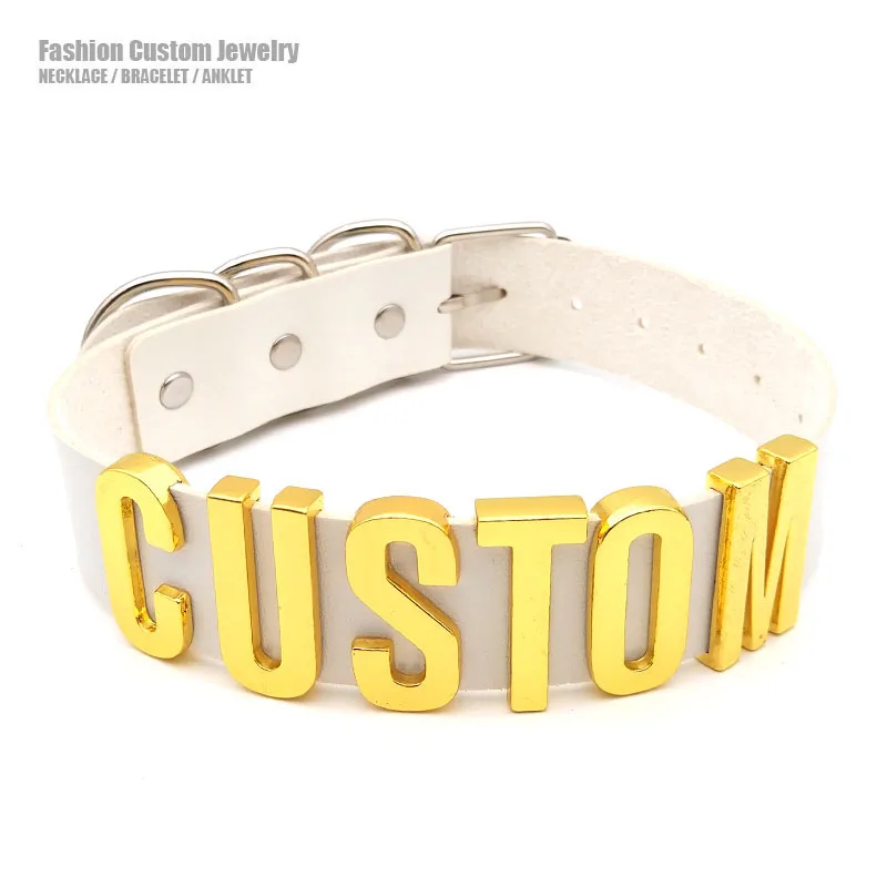 30MM Punk Gold Letters Soft White PU Leather Collars Customized Slave Choker Necklace Sexy Belt BDSM Sex Cosplay Party Jewelry