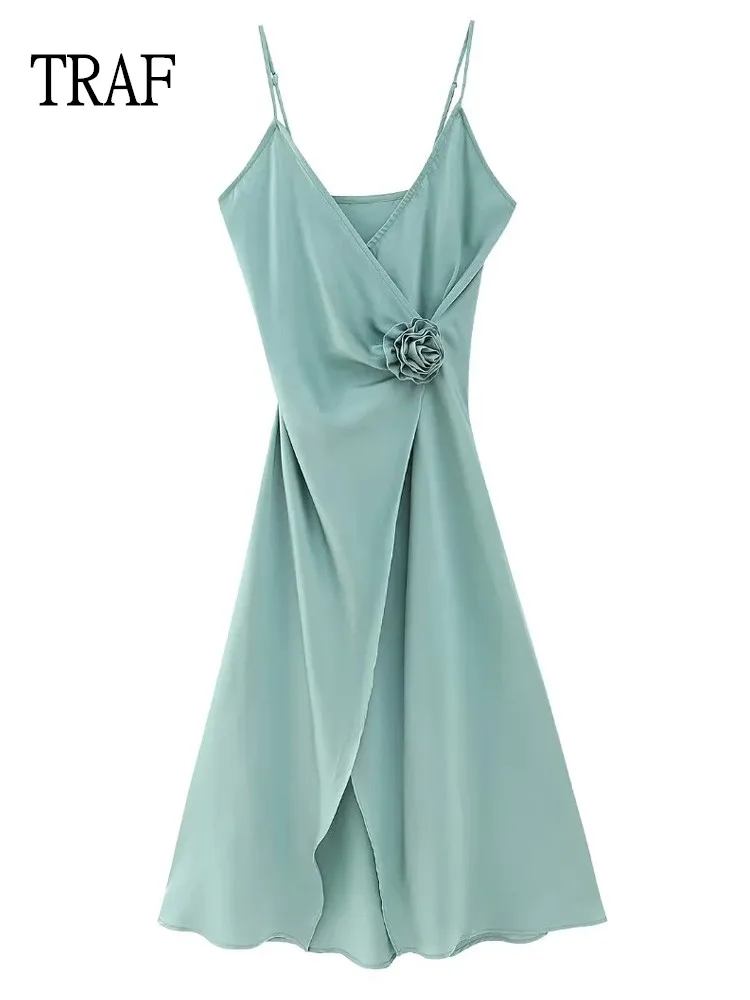 

TRAF Slip Dresses For Women 2022 Fashion Flower Sleepless Dress Female Thin Shoulder Strap Midi Sexy Dress Vintage Party Dresses