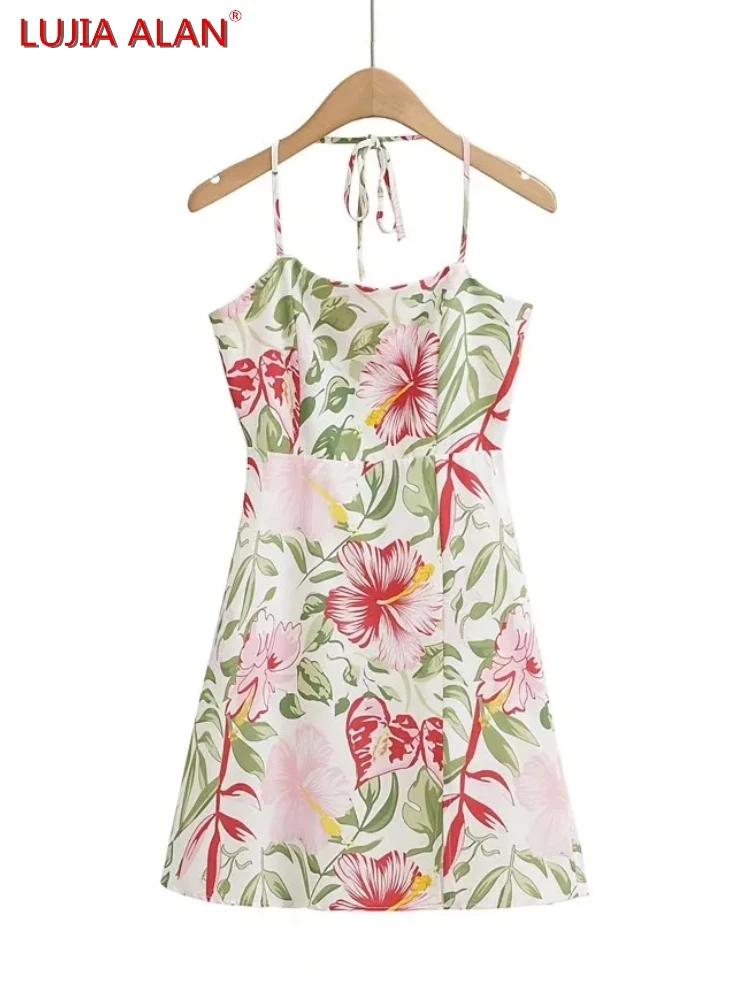 

Women Floral Printing Poplin Halter Dress Summer Female Slim Mini Sling Vestidos LUJIA ALAN WD221