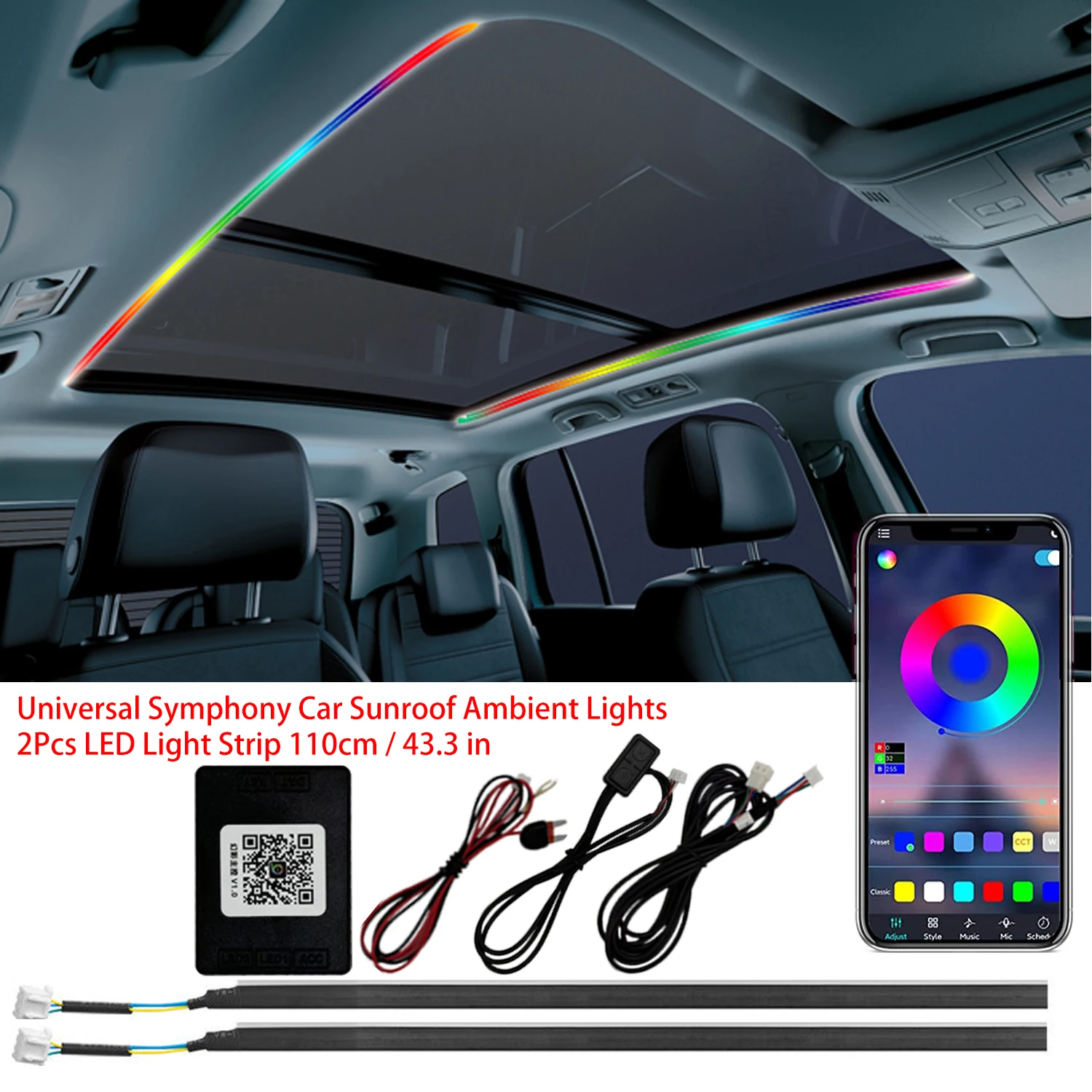 

RGB панорамный прожектор на крыше автомобиля, окружающий стример, неоновое освещение, 110 см, универсальный люк на крыше, светодиодная лента, симфония, окружающая лампа