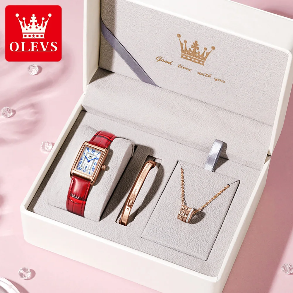 

OLEVS Original Women Square Watch Set With Bracelet Necklace Waterproof Roman Dial Leather Ladies Watch Women Gift Montre Femme