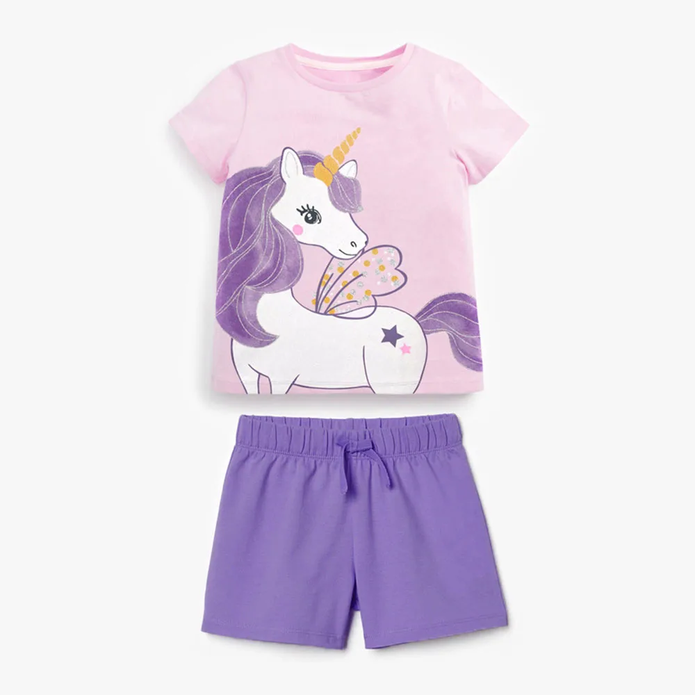 

Menoea Cute Girls Cartoon Print Clothes Sets Summer Unicorn T-shirts Tees and Solid Color Shorts Pants 2Pcs Suits Kids Clothing
