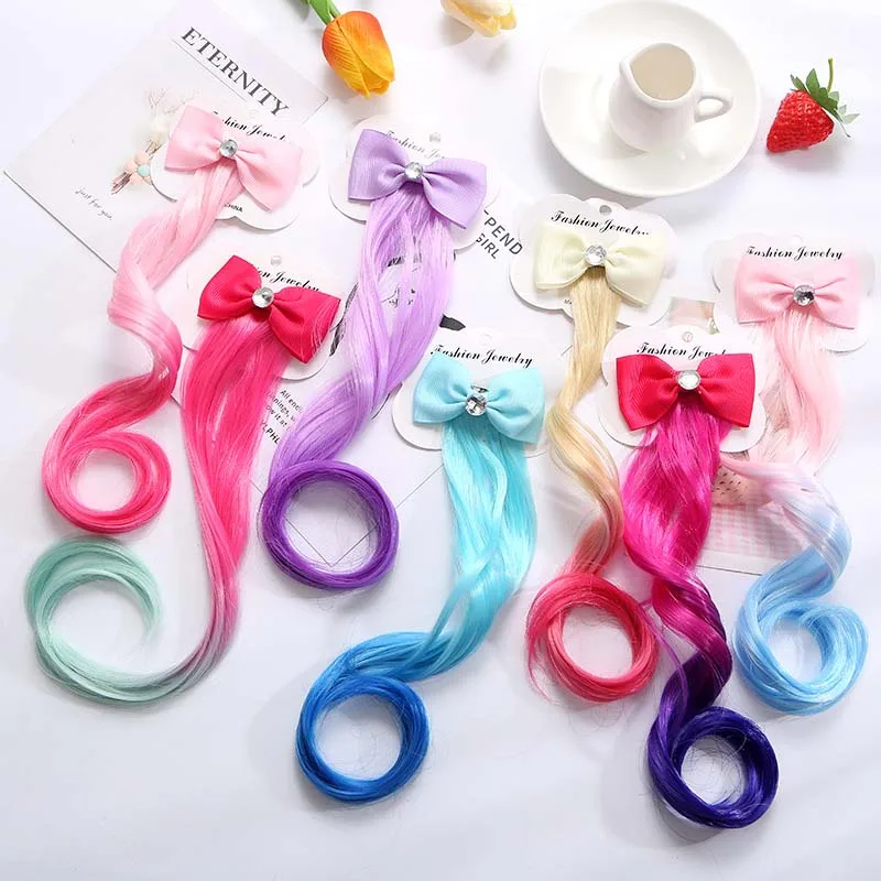 

Cute Children Gradient Bow Hair Clips Headdress Ponytail Hair Ropes Baby Girls New Colorful Wig Pigtail Elastic Kids Headwear