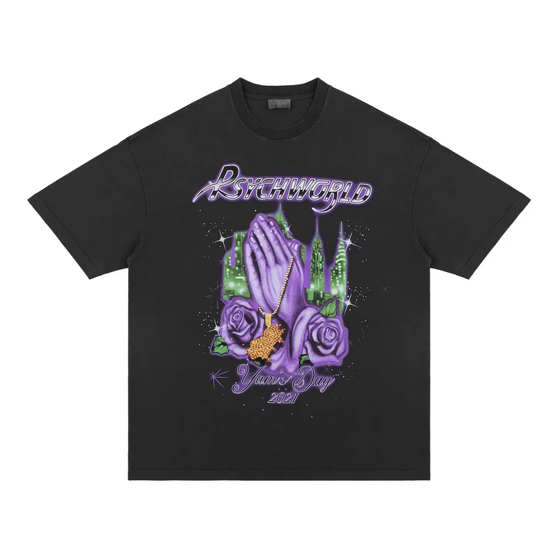 

2022ss High Quality Vintage Pray Print T Shirt Men Women Couple 100% Cotton T-shirt Hip Hop High Street Oversize Casual Tee