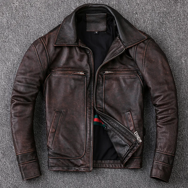 

New Men Cowhide Coat Men's Genuine Leather Jacket Vintage Style Man Leather Clothes Motorcycle Biker Jackets