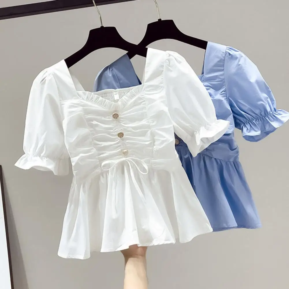 

Women's Shirt Solid Color Tight Blouses Sweet Style Ruffle Trim Button Trim Shirt Square Collar Fluffy Short Sleeve Shirt Camisa