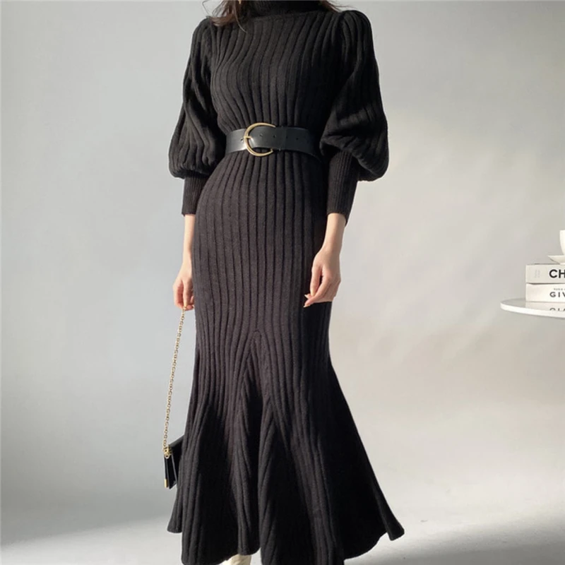 

2023 New Autumn and Winter French Temperament High-neck Slim Slimming All-match Lantern Sleeve Fishtail Knitted Dress Women