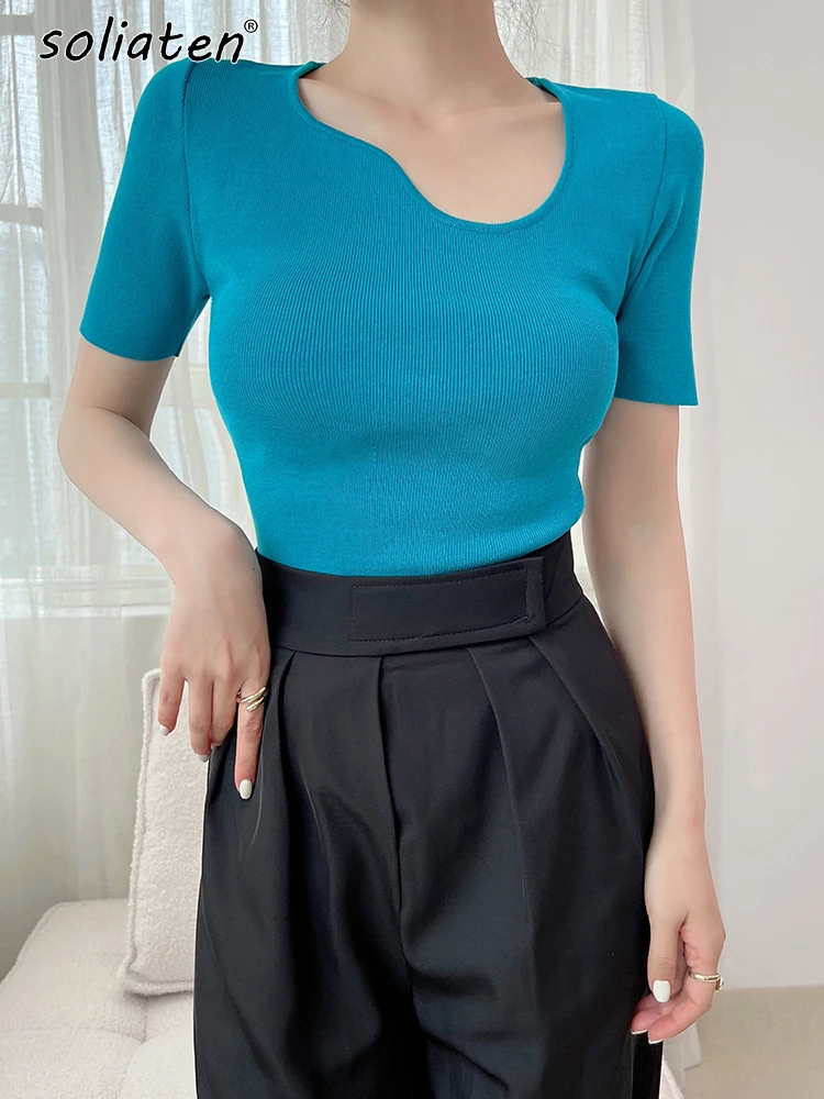 2022 летний вязаный белый укороченный топ Женская Повседневная футболка Базовая