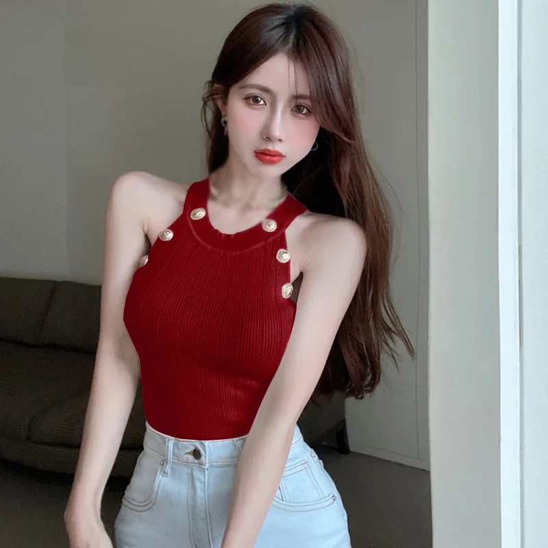 

Knitted Women's Tank Tops Slim Casual Solid Color Sleeveless Retro