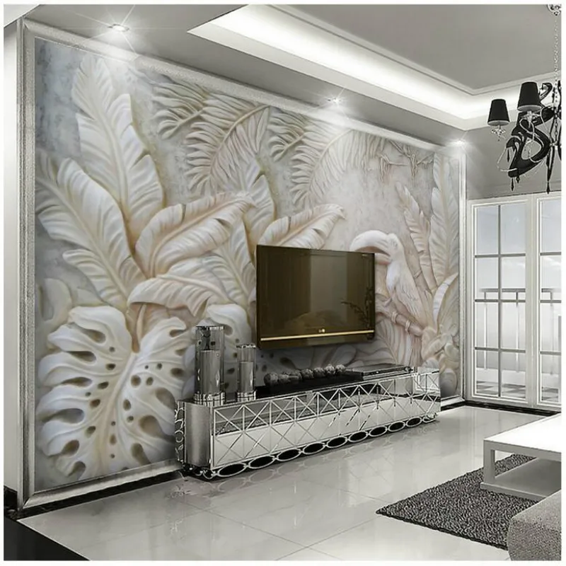 Кастомная 3D стереоскопическая серая рельефная тропическая обои с фотографией растительных листьев тукана. Модерн обои для домашнего декора.