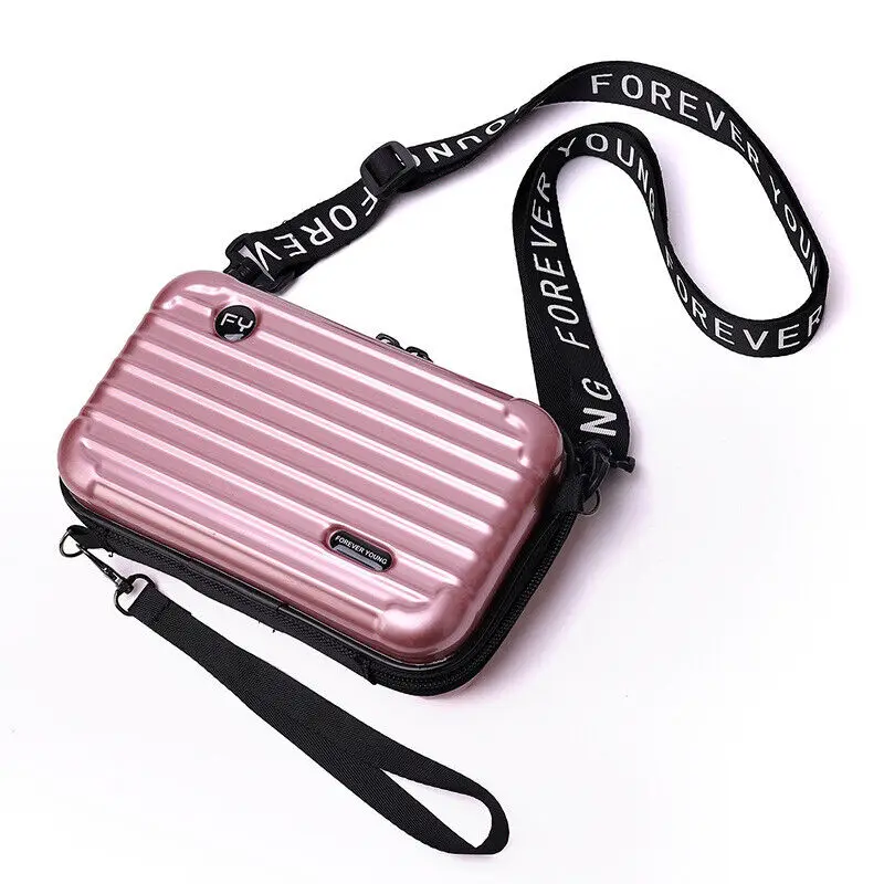 Women Hard Shell Cosmetic Phone Bag Mini Suitcase Toiletry Luggage Shape Bag Crossbody Bag Shoulder Purse Crossbody Make Up Bag