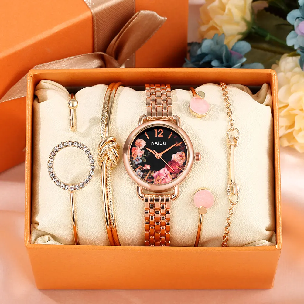 

Top Luxury Ladies Watch Set with Box Exquisite Flower Dial Quartz Stainless Steel Watch for Women Rose Gold Silver Bracelet Gift