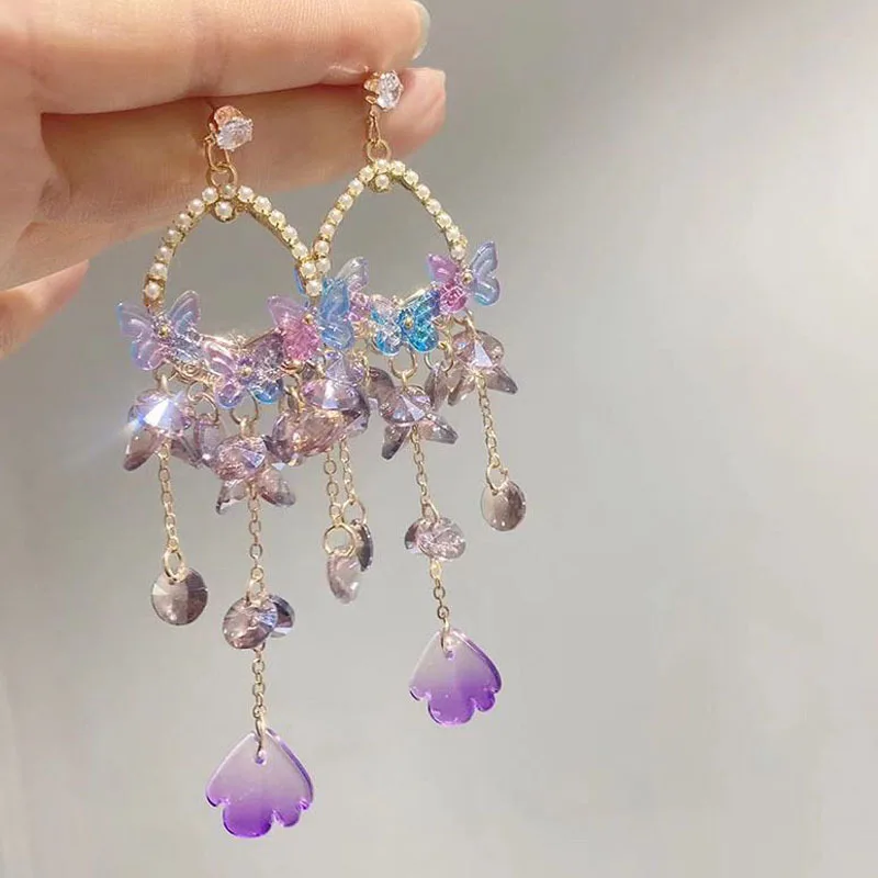 

New Fashion 1 Pair Statement Flower Crystal Bead Tassel Fringed Earrings For Women Rhinestone Long Chain Crystal Drop Earrings