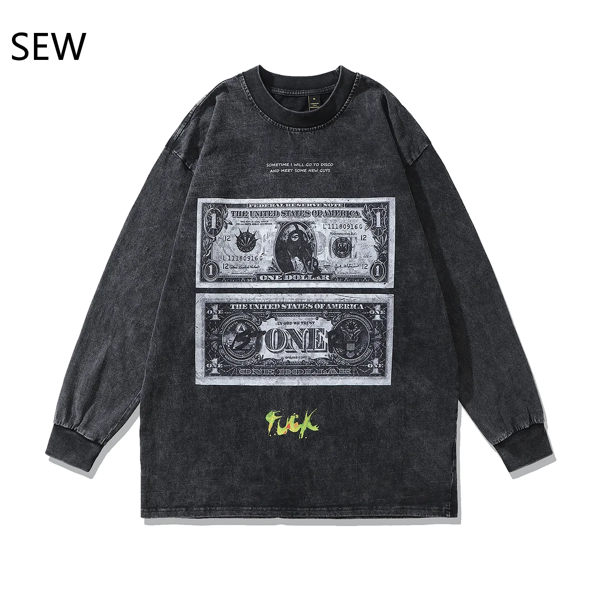 

Autumn And Winter American Y2K Style High Street Old Washed Banknote Printing Hip-Hop Round Neck Cotton Men's Sweater