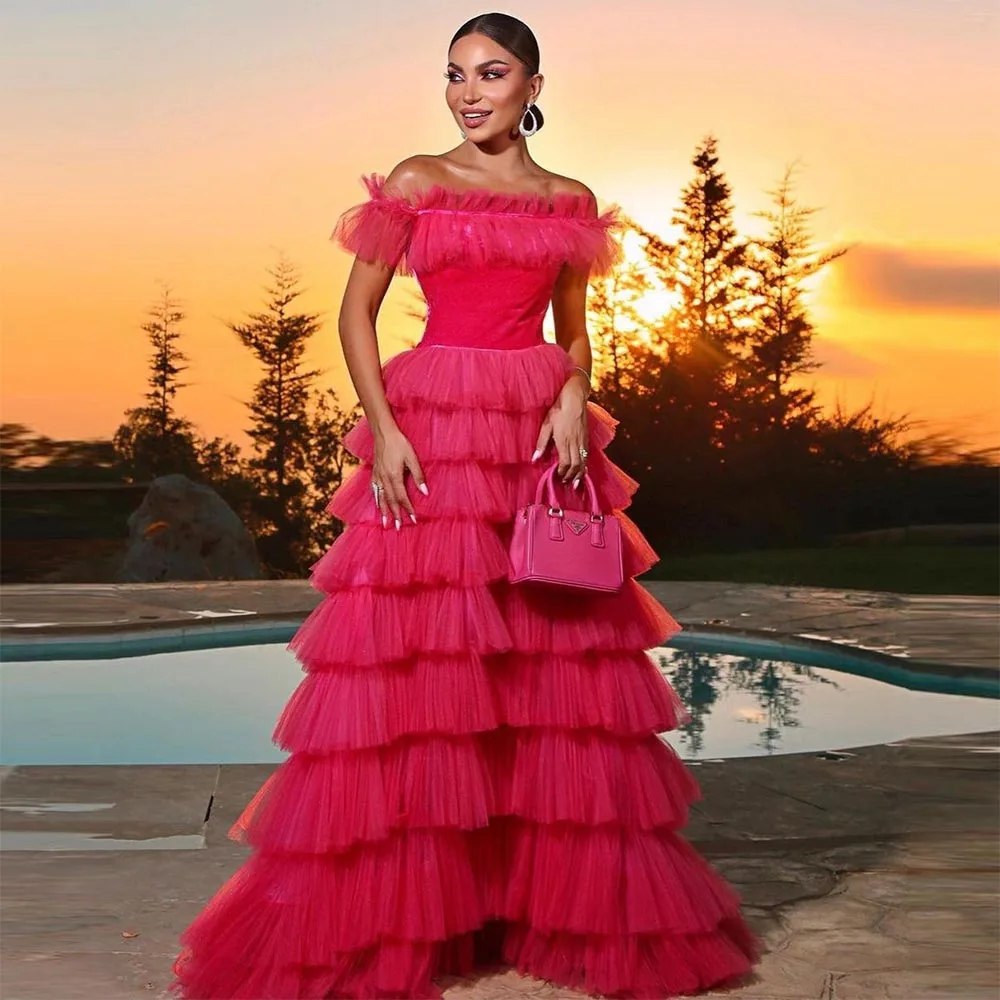 

Sevintage Fuschia Saudi Arabic Tiered Ruffles Tulle Evening Dresses Off the Shoulder Pleat Ruched A-Line Prom Dress Party Gown