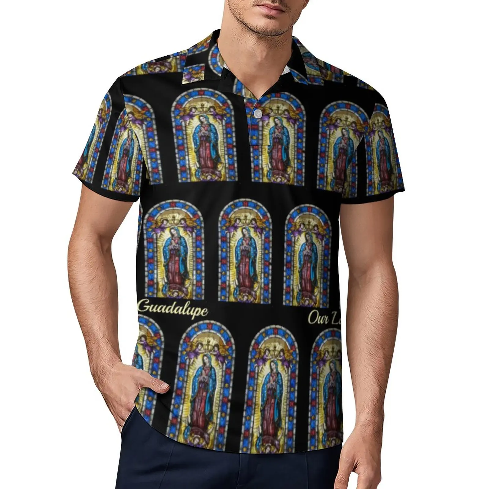 

Our Lady of Guadalupe Polo Shirt Man Virgin Mary Casual Shirt Daily Street Style Turn-Down Collar Tops Short-Sleeved Polo-Shirts