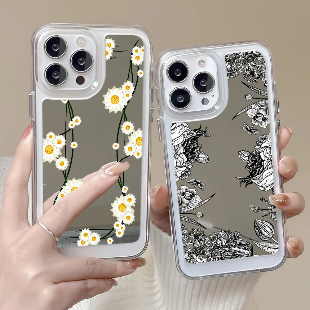 

Flowers Floral Phone Case for IPhone 11 14ProMax 14Plus 13 12 Pro Max Transparent Soft Protection Back Cover with Mirror Coque