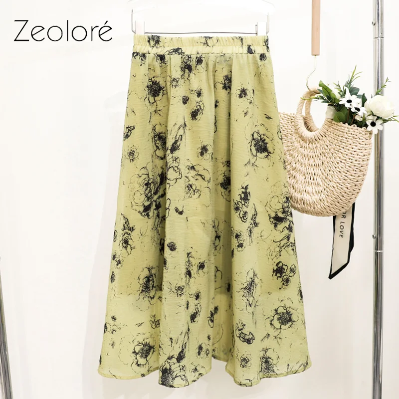 

Zeolore Women Spring Summer Mid-length Printed Skirt Elegant High Waist Vintage Retro Fashion A-line Skirt QT1803