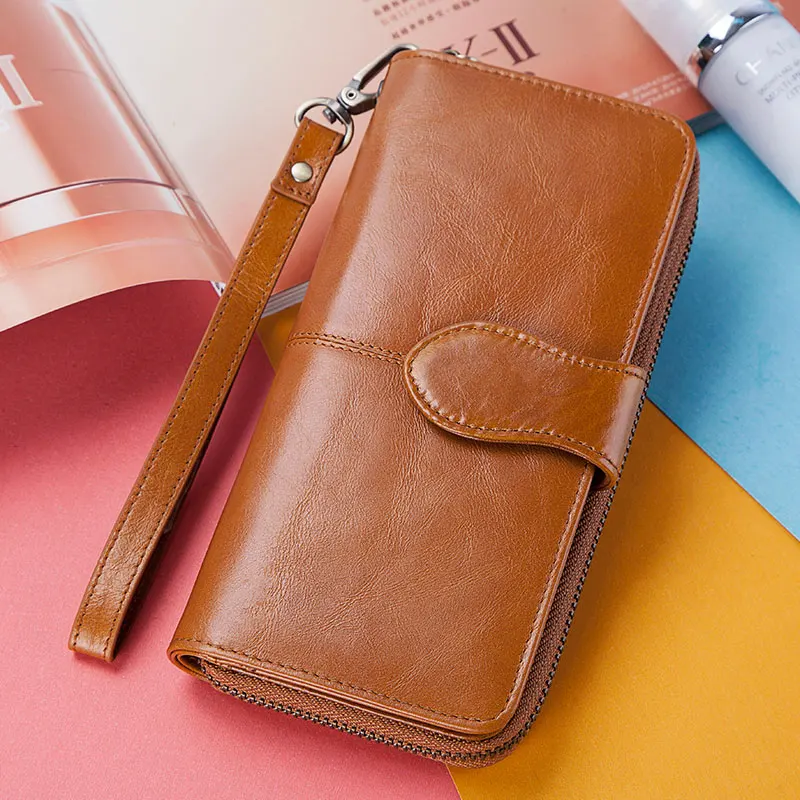 GZCZ Genuine Leather Women's Wallet Clutch Bag Business Travel Purse Phone Pocket Zipper Credit Card Holder With RFID Blocking images - 6