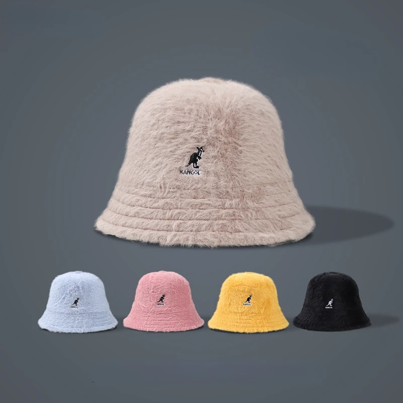 

Kangol 2023 Dome Long Rabbit Hair Bucket Hats for Women Plain Face All-Match Warm Fisherman Cap Cute Fur Basin Hat