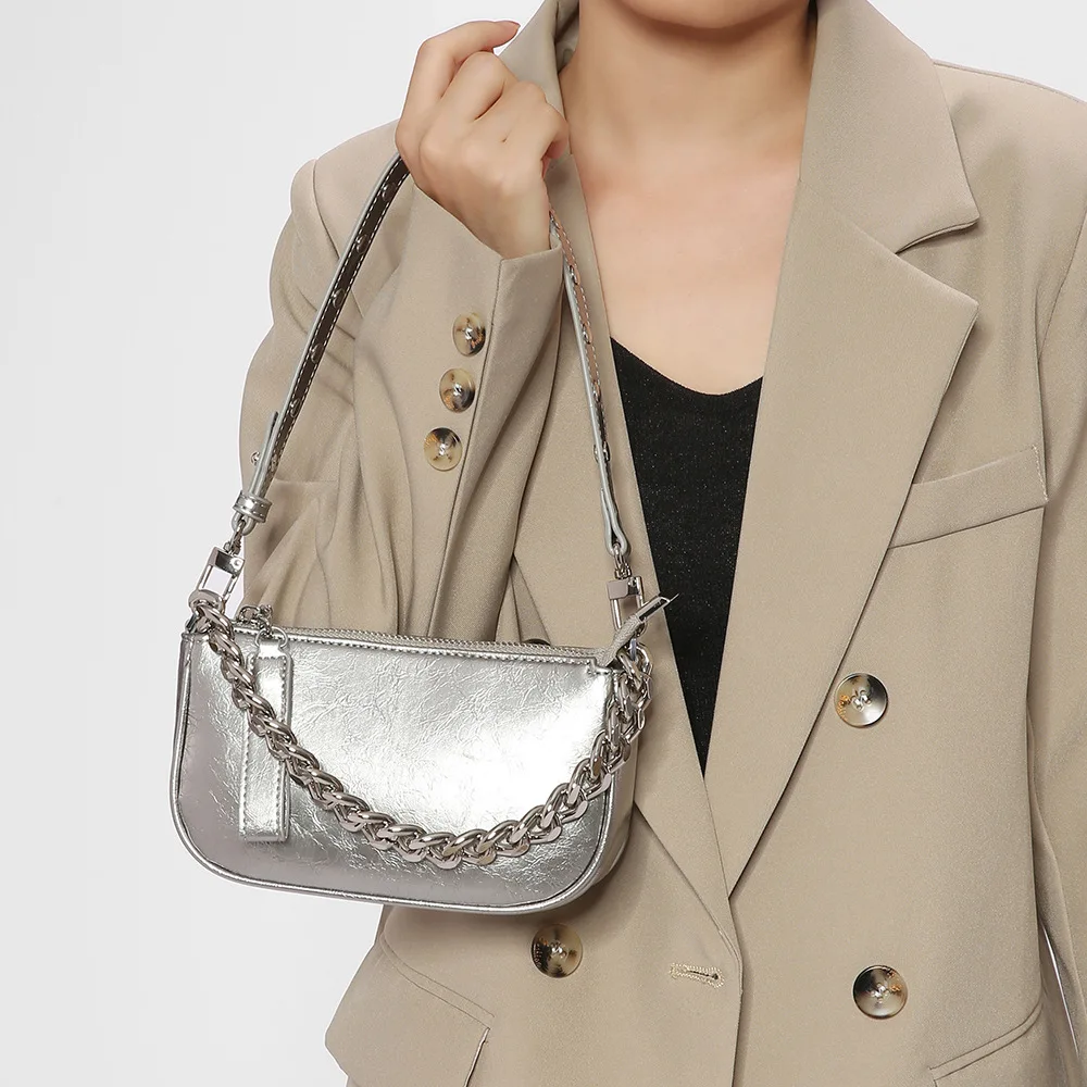Fashion Silver Y2K Shoulder Bag for Women Luxury Designer Chains Underarm Bag Luxury Female Crossbody Bags Summer New Arrivals
