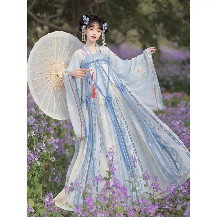 

Traditional Chinese Clothing For Women Wei Jin Dynasty Blue Hanfu Fairy Elegant Chest Waist Floral Embroidery Large Sleeve Dress
