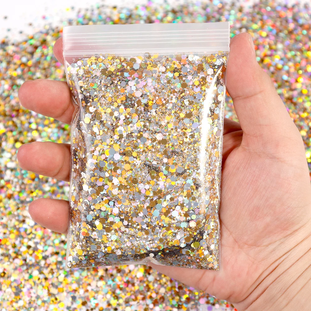 

50g/Bag 3D Hexagon Nail Art Glitter Sequins Sparkly Paillette Charms Mixed Size Pigment Powder DIY Gel Nail Decorations MD-A2022