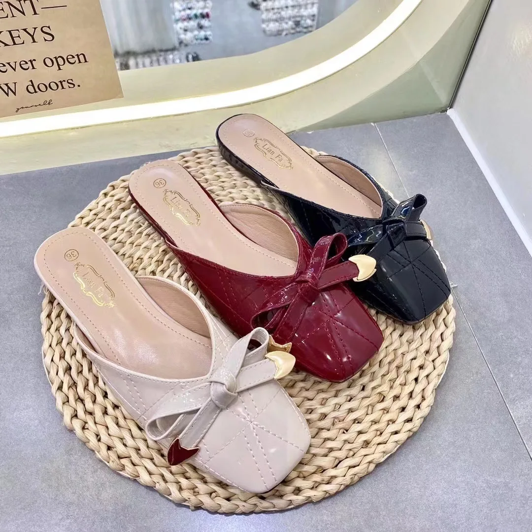 

Design Women Slippers Bowknot Square Toe Slingback Female Mules 2022 Summer Casual Metal Decroc Daily Outdoor Ladies Flat Shoes