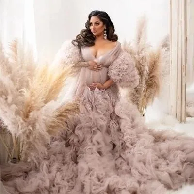 

Puffy Deep V-neck Pregnant Women Photo Shoot Robes Tulle Ruffles Maternity Robe Women Dress Baby Shower Gowns Photography