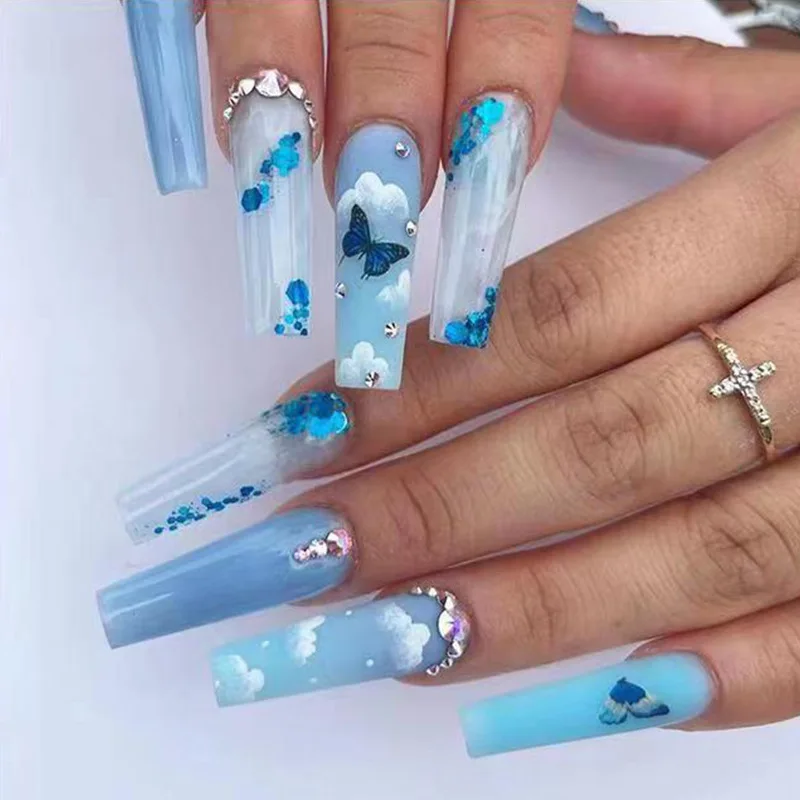

Fashion Beauty Tools 24PCS Blue Ice-clear Butterfly Shiny Crystal Long Wearable Nail Patch False Nail French Fresh Manicure