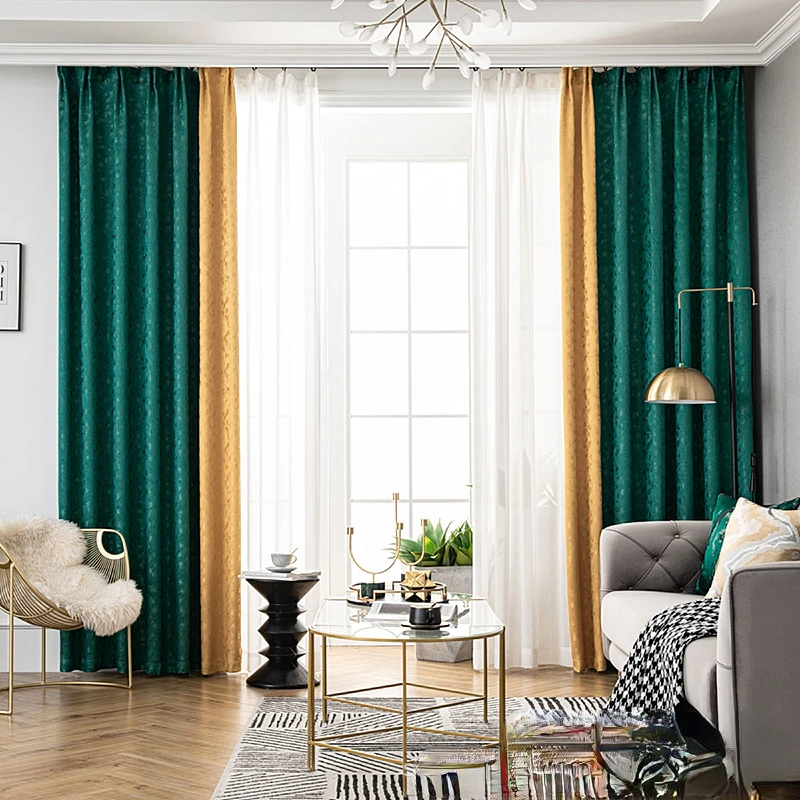 

2023 New Light Luxury Solid Color Jacquard Curtain Finished Blackout Cloth Living Room Heat Insulation Stitching Fabric Curtain