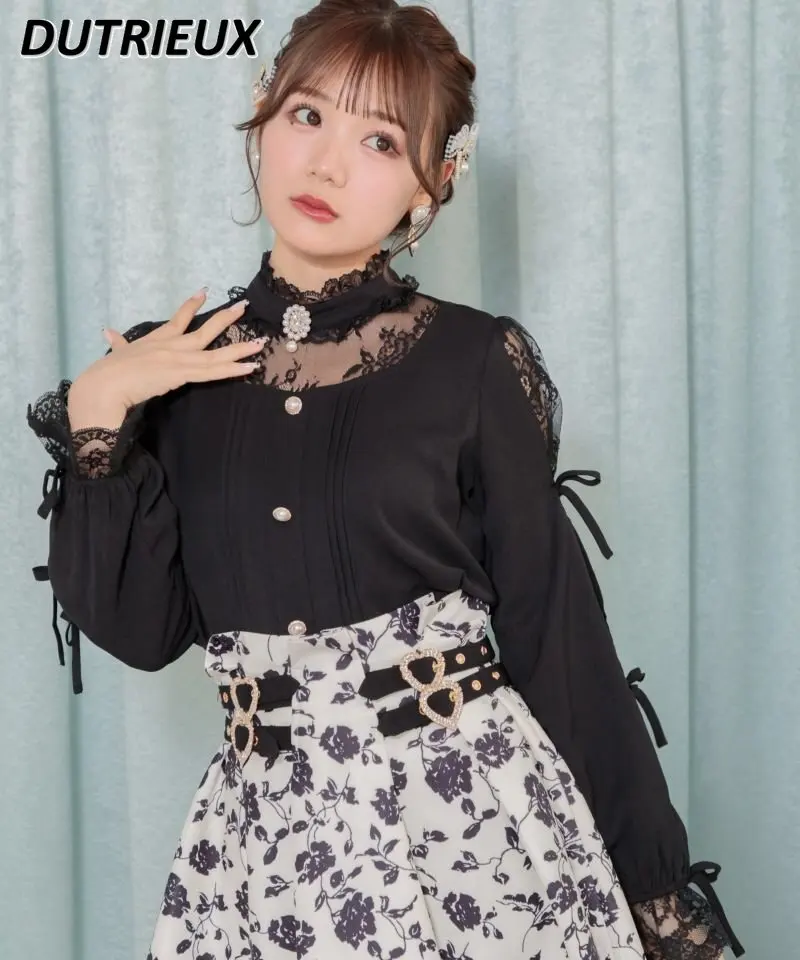 

Japanese Rojita New Spring and Summer Blouse Collar Bow Doll Collar Women's Shirt Long Sleeve Ruffled Lace Outerwear Tops