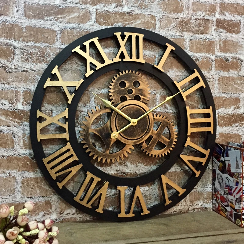 

European silent retro creative clock Digital art wall clock Living room personality Industrial wind gear wall hanging clock