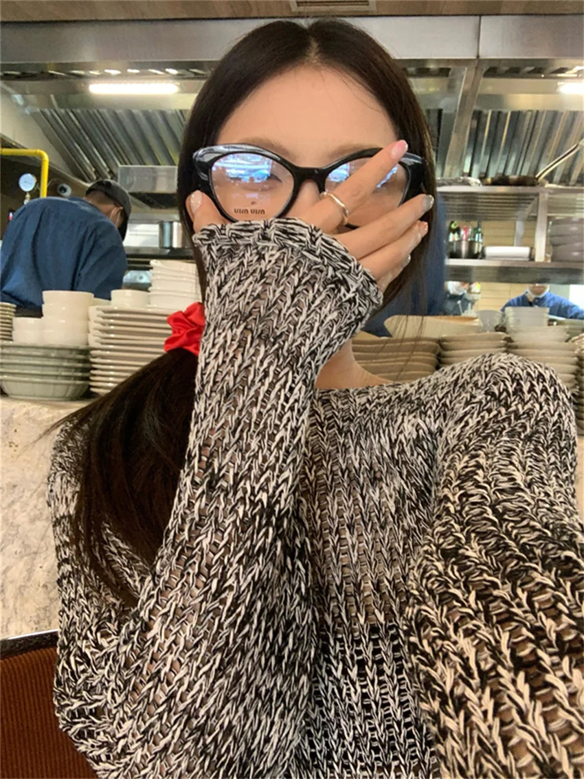 Женский свитер с вырезами Alien Kitty повседневный винтажный Свободный вязаный