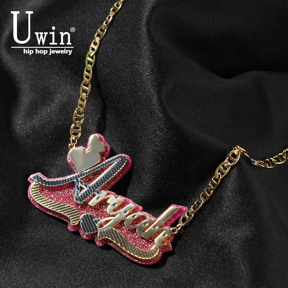 Uwin Stainless Steel Personalized Necklace Glitter Letter Acrylic Name Plate Customer Pendants Jewelry Accessories For Women