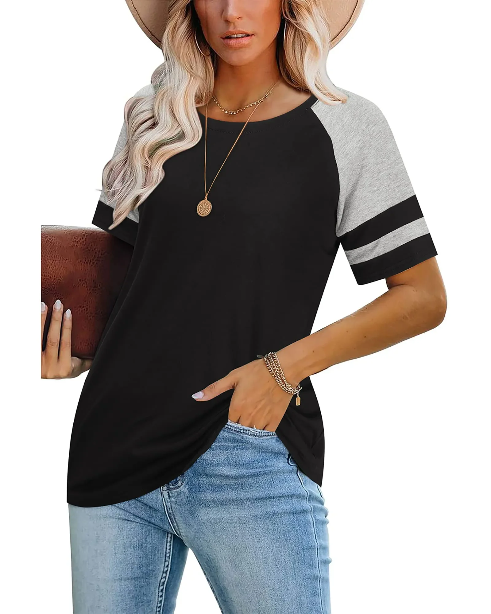 

OUGES Women's Short Sleeve T Shirts Leopard Print Patchwork Color Block Tunic Round Neck Striped Causal Blouses Tops