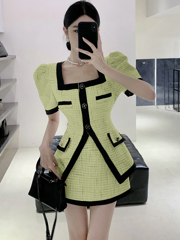 

Small Fragrant Korean Fashion Summer Square Collar Patchwork Puff Sleeve Top + High Waist Mini Skirt Two Piece Set for Women