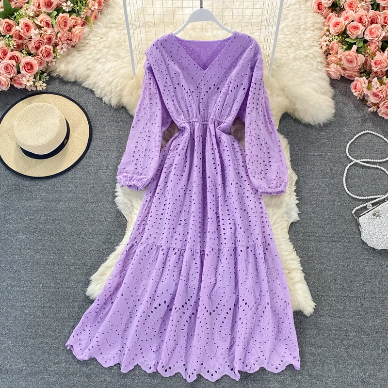 

ELLIEXI Women Hollow Out Long Dress Elegant V-neck Puff Sleeve Party Dresses Ladies Casual A Line High Waisted Pleated Vestidos