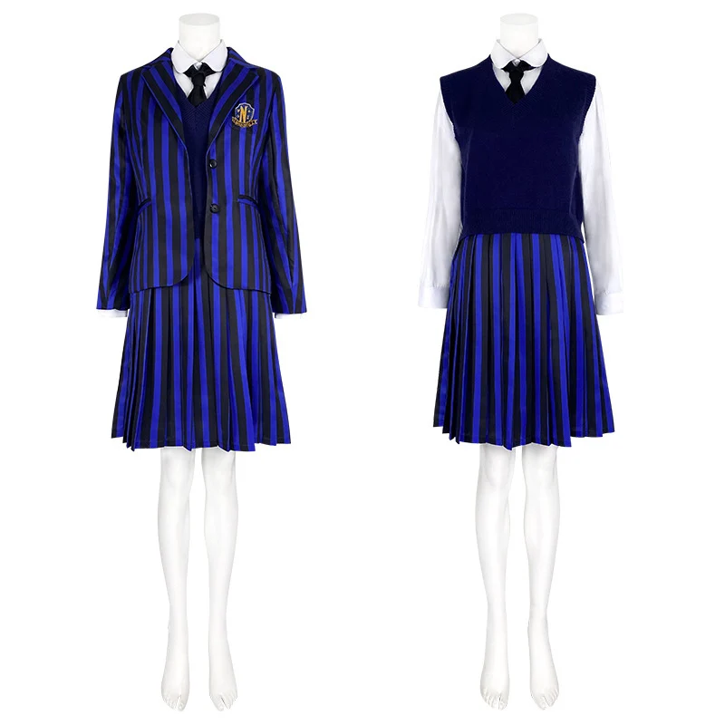 

Wednesday Addams Cosplay Costumes Striped Nevermore School Uniform Coat Vest Shirt Skirt Full Set Halloween Party Clothes