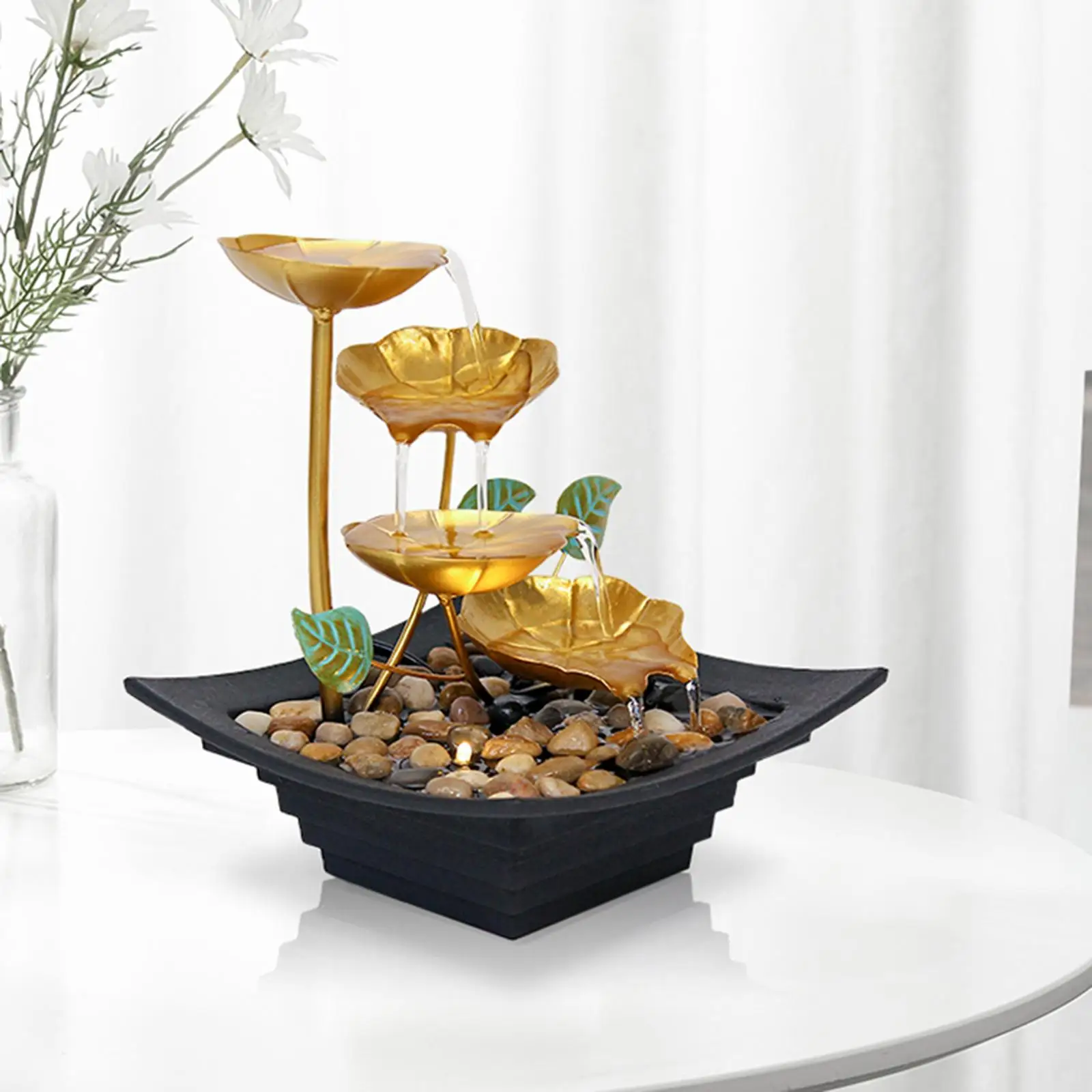

Lotus Leaf Tabletop Fountains Zen Yoga Meditation Mini Waterfall Natural Rocks and Warm Yellow Light for Living Room Home Decor