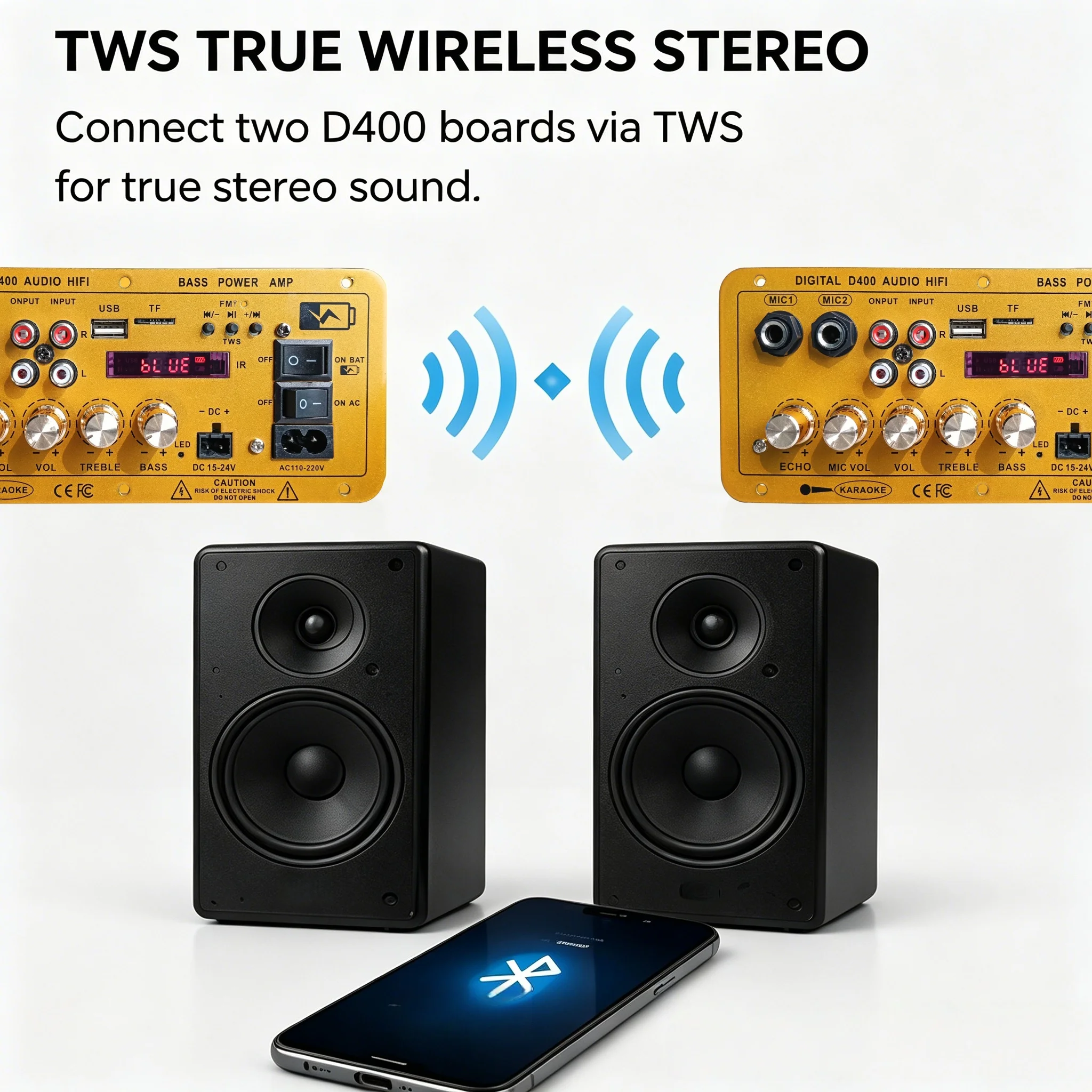 Фото Плата усилителя Woopker D400 Mono Bluetooth, 100 Вт, для домашнего использования, с двумя микрофонами, перезаряжаемая, цифровая. №5