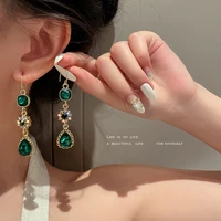 korean long diamond encrusted emerald ear hook earrings water drop flower zircon retro eardrop elegant light luxury earbob women