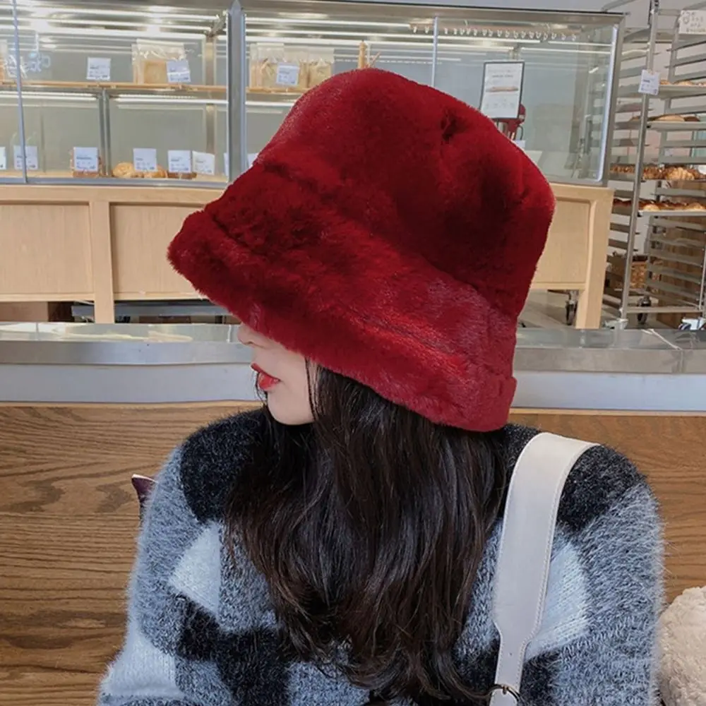 

Imitation Rabbit Hair Fisherman Hat Fashion Winter Keep Warm Casual Caps Thickening Soft Bucket Hats Women