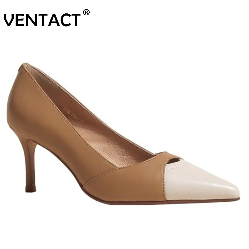 

VENTACT Women Pumps Real Leather Shoes Thin High Heels Mixed Color Shallow Fashion Slip On Ins Daily Ladies Footwear Size 34-39