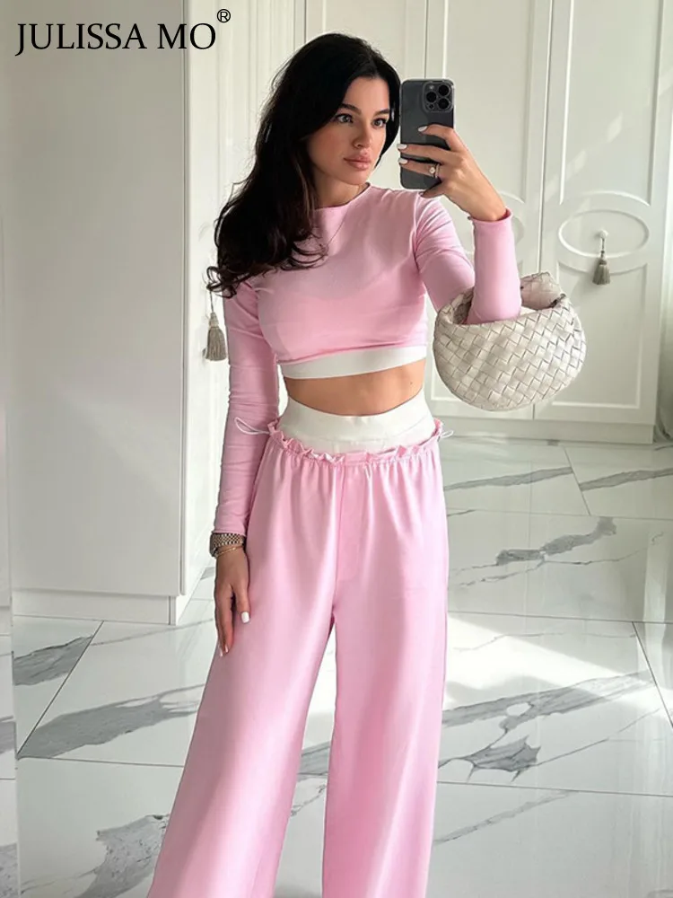 

JULISSA MO Women 2023 Autumn Outfits Casual Patchwork Hoodie Set High Waist Long Pants Suits Pink Womens Y2k Two Piece Set