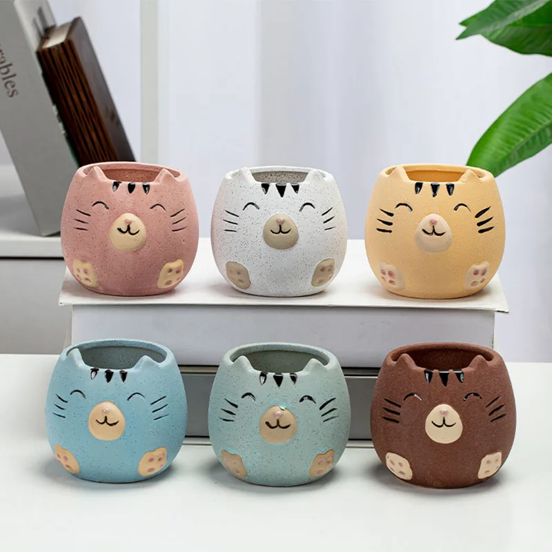 

Миниатюрный цветочный горшок, милая ручная роспись улыбающегося кота, украшение для дома и офиса, мультяшное семейное бонсай, декоративное ...