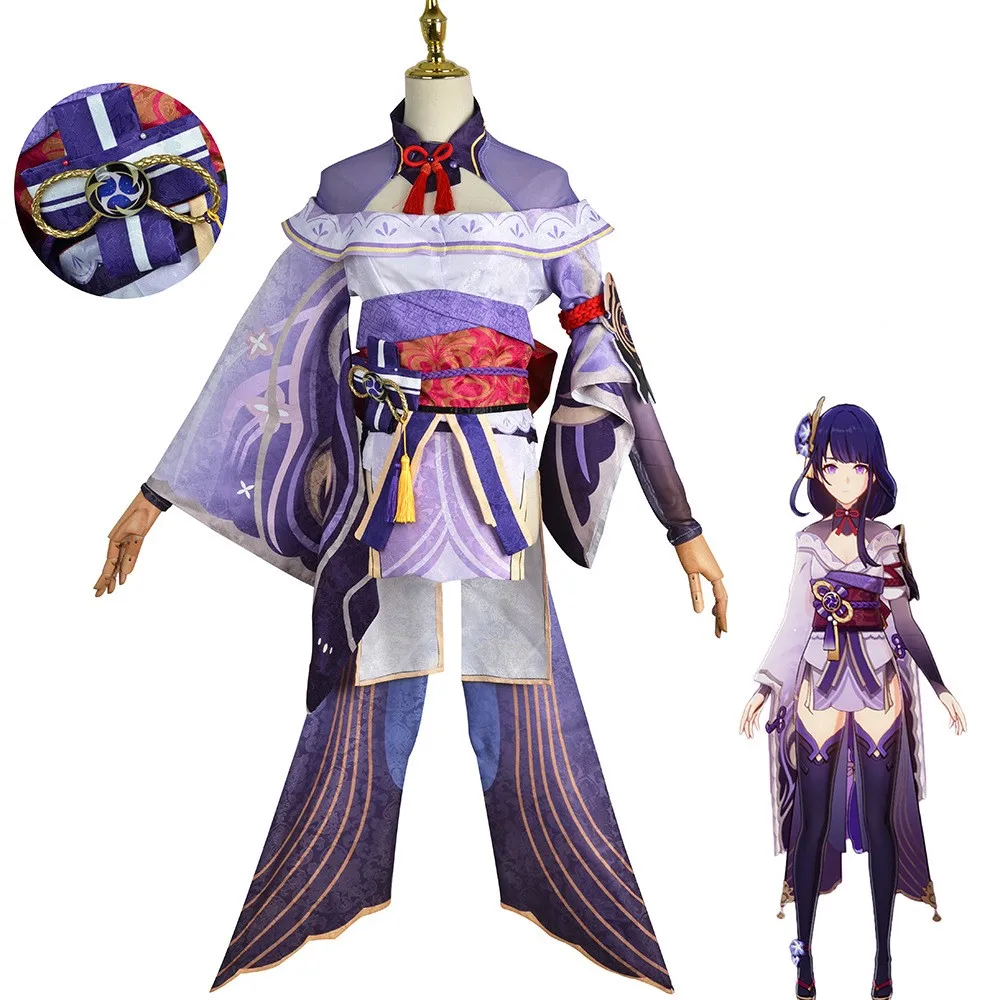 

Genshin Impact Raiden Shogun Cosplay Costume Jacquard Fabric Uniform Wig Anime Chinese Style Halloween Costumes for Women Game