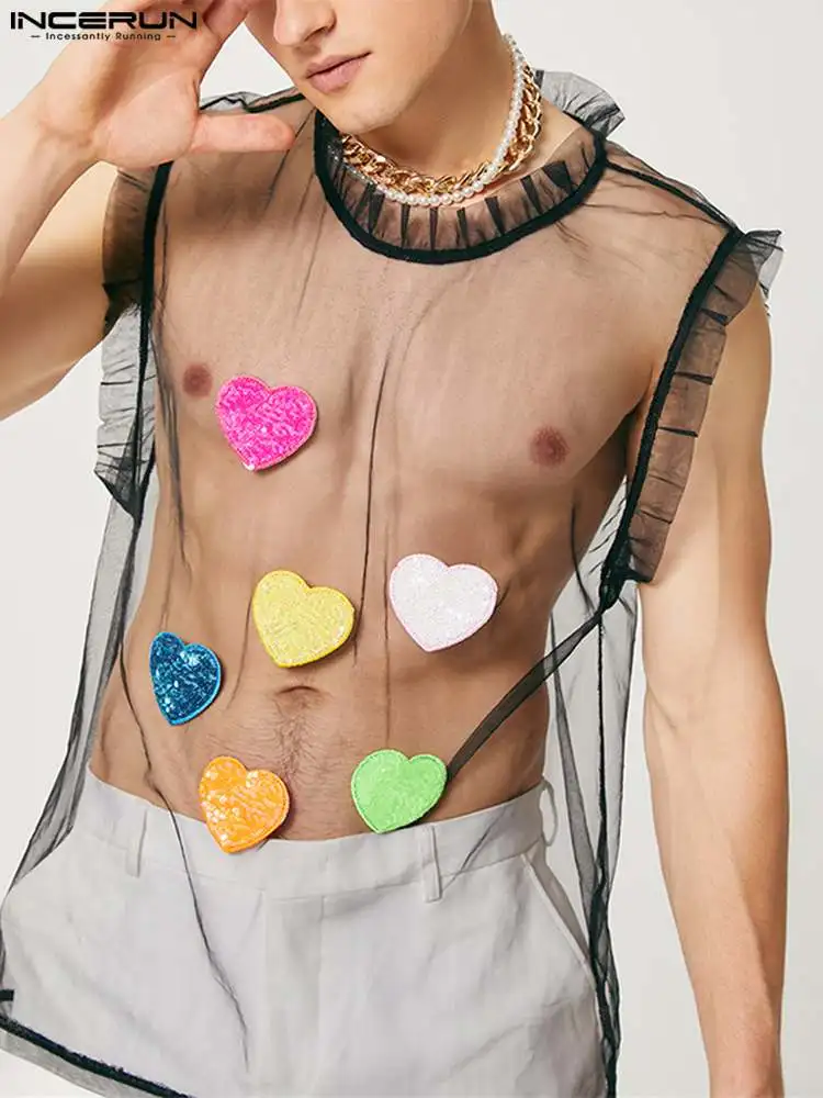 

INCERUN Men Tank Tops 3D Patchwork Ruffle Mesh See Through Sexy O-neck Sleeveless Vests 2022 Fashion Party Vacation Men Clothing