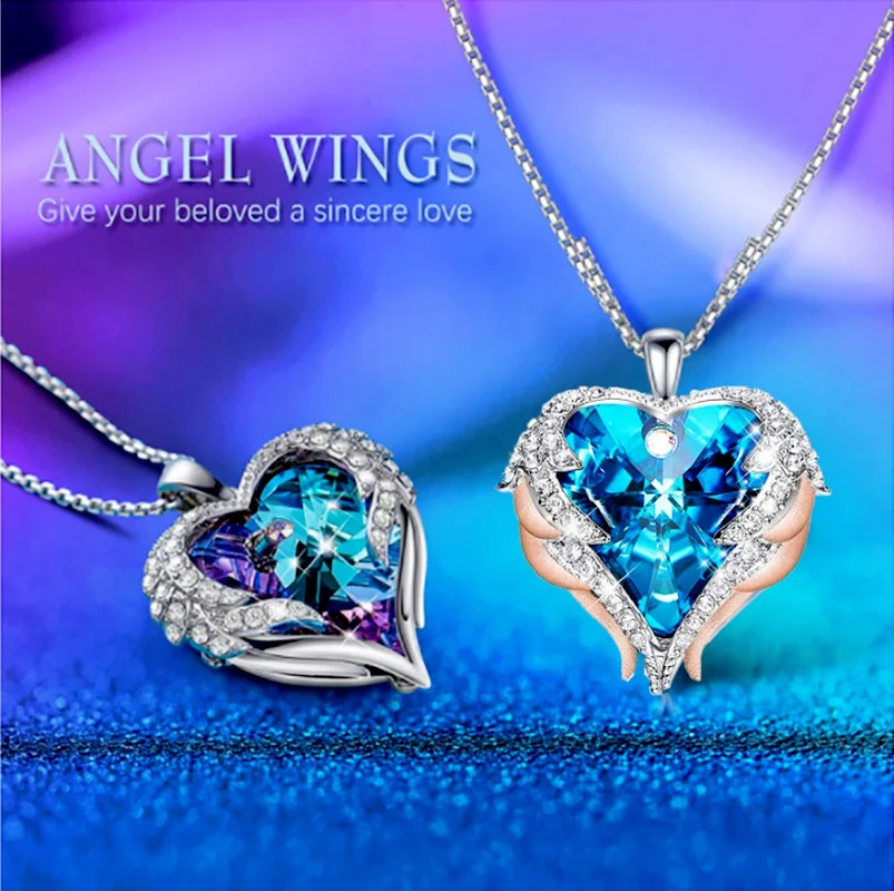 

Exquisite Angel Wing Crystal Love Necklace for Women Opal Silver/Gold Pendant Mothers Day Gift Accessories for Women Jewelry