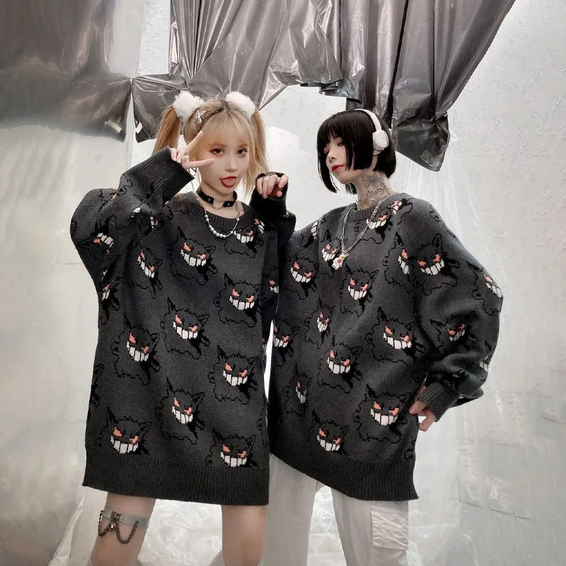 

Kawaii Pokemon Gengar Cartoon Knit Sweater Spring and Autumn Season Cute Girls Y2K Long-Sleeved Round Neck Sweater Accessories